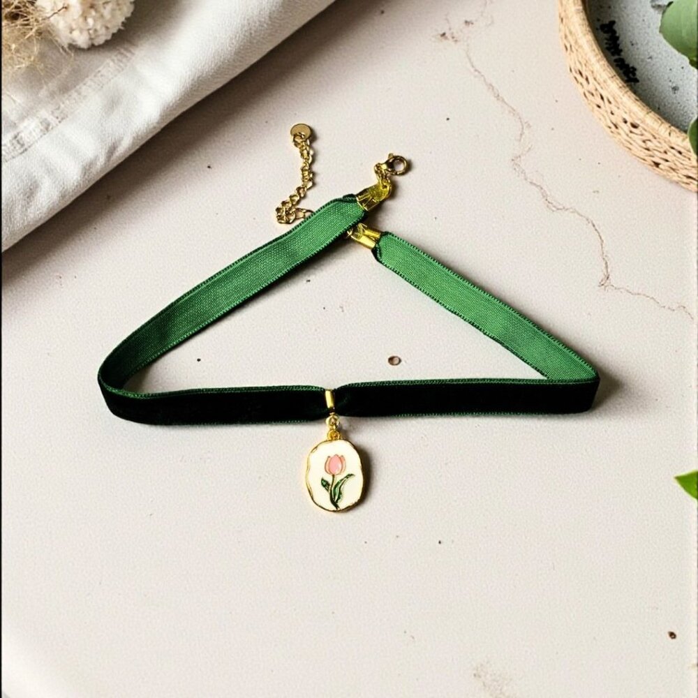 Green Velvet Choker Necklace with Pink Tulip Charm Cottagecore Floral Choker